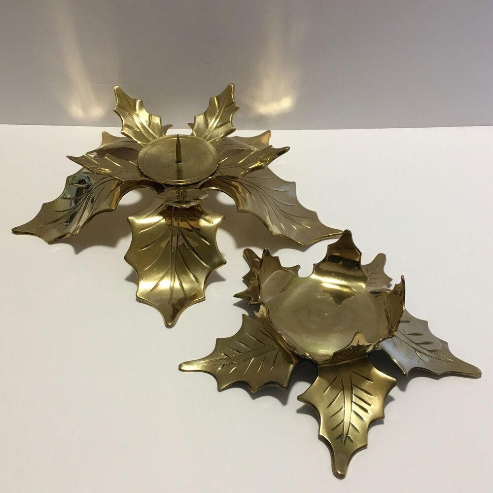 Vintage Brass Poinsettia Holly Candle Holders a Pair Pillar Candle Holders
